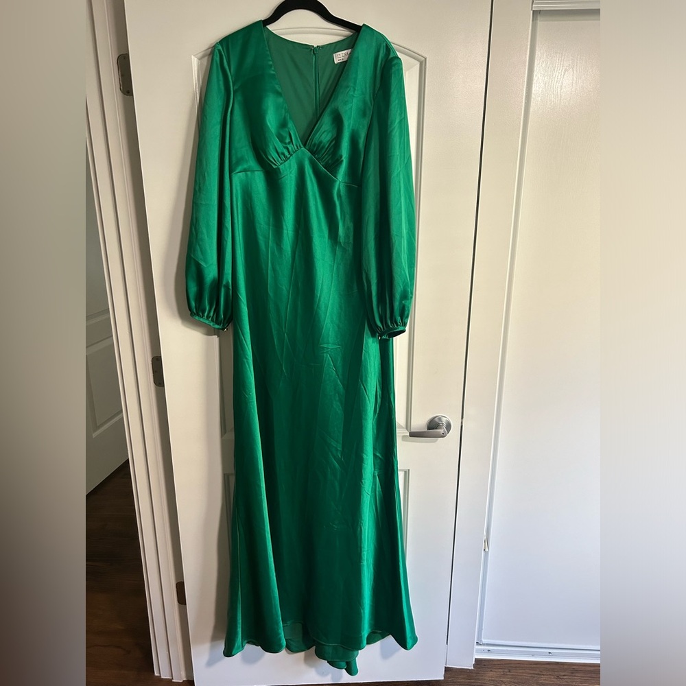 Ieena for Mac Duggal CHARMEUSE EMPIRE WAIST BLOUSON SLEEVE GOWN emerald green